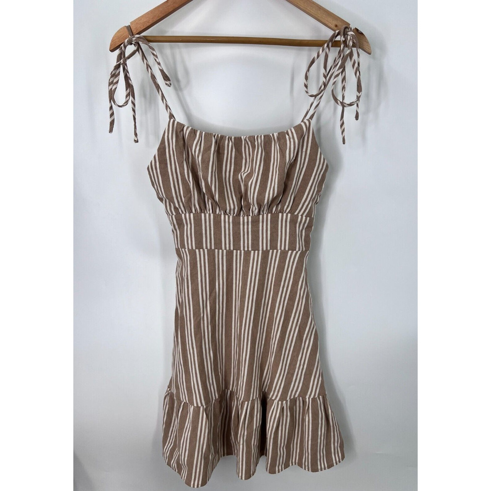 Speechless Shoulder Ties Striped Mini Sun Dress Brown/Cream Juniors Size Medium